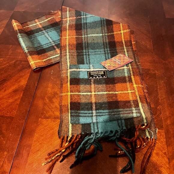 Patrick King Wool Pocket Scarf Plaid Design With Fringe Trim Brown Teal scotish‎ - Picture 9 of 10